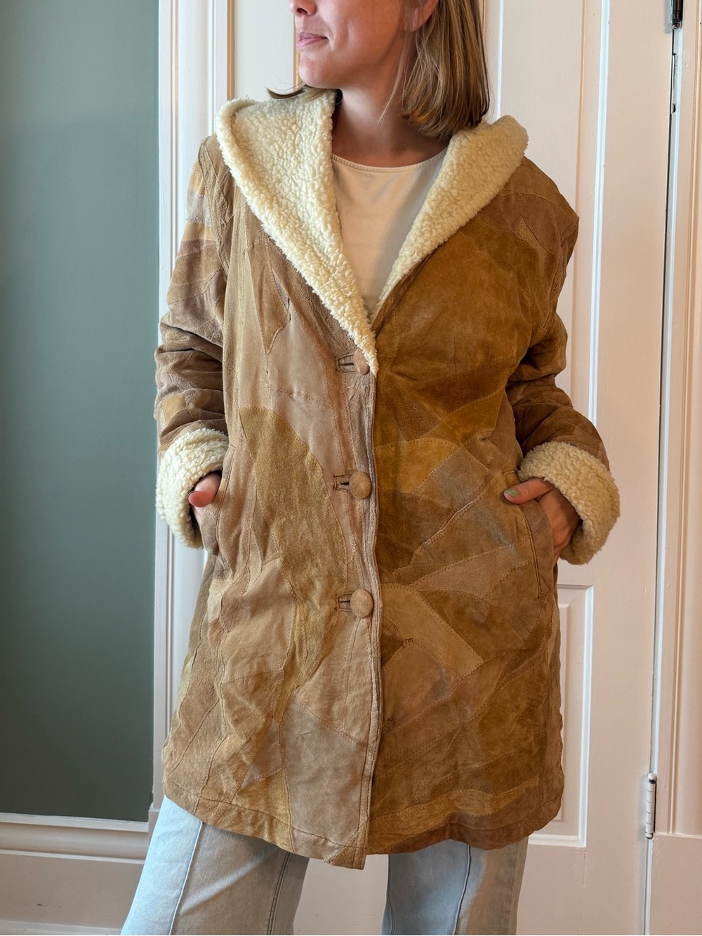 Source Unknown Camel Patch Suede Teddy-Lined Coat